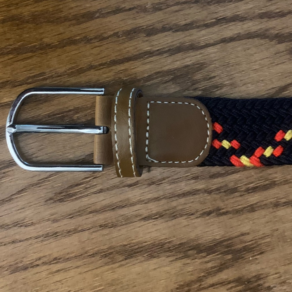 Stretch Belt - Navy Red and Yellow Cloth w Leather Ends